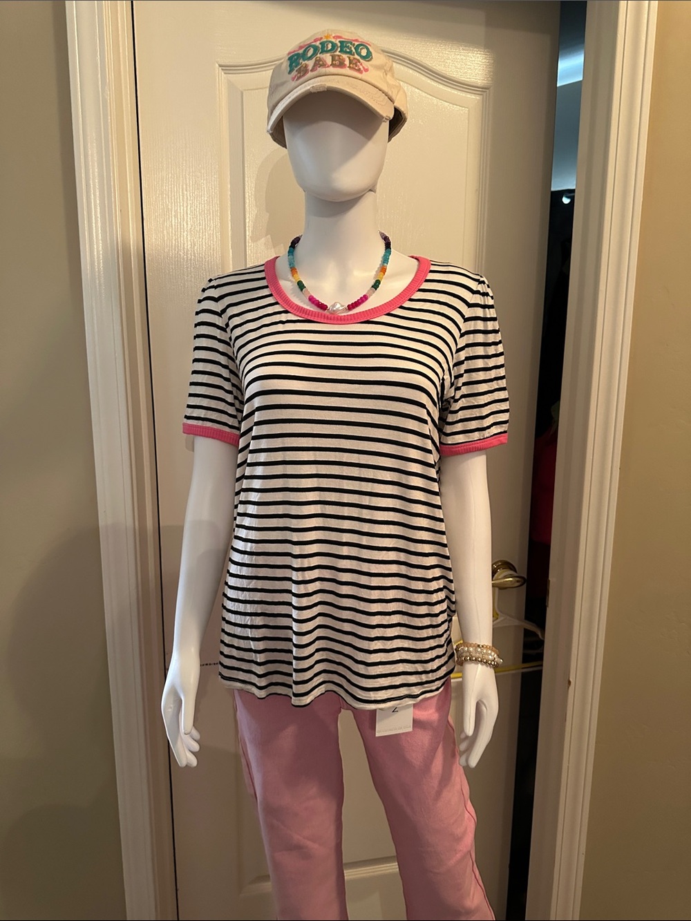 HEIMISH USA Black & White Striped Tee with Pink Trim